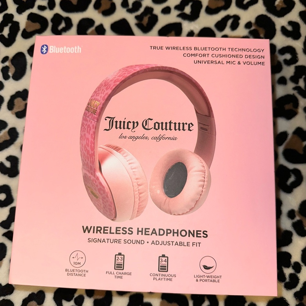 Juicy Couture Wireless Bluetooth Headphones, pink leopard print